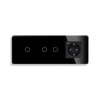 Прохідний сенсорний вимикач 3 сенсори (1-2) з розеткою з USB A+C 20Вт, заземлення, шторки, ELIOS чорний скло