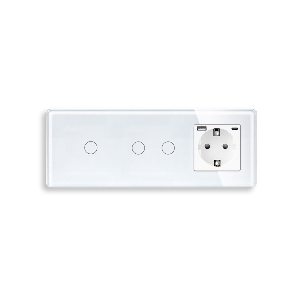Прохідний сенсорний вимикач 3 сенсори (1-2) з розеткою з USB A+C 20Вт, заземлення, шторки, ELIOS білий скло