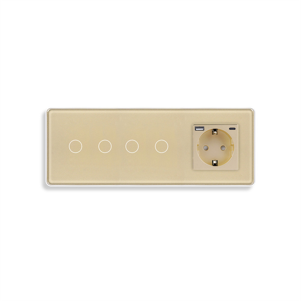 Прохідний сенсорний вимикач 4 сенсори (2-2) з розеткою з USB A+C 20Вт, заземлення, шторки, ELIOS золото скло