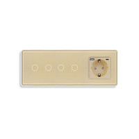 Прохідний сенсорний вимикач 4 сенсори (2-2) з розеткою з USB A+C 20Вт, заземлення, шторки, ELIOS золото скло