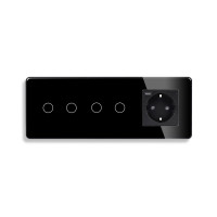 Прохідний сенсорний вимикач 4 сенсори (2-2) з розеткою з USB A+C 20Вт, заземлення, шторки, ELIOS чорний скло