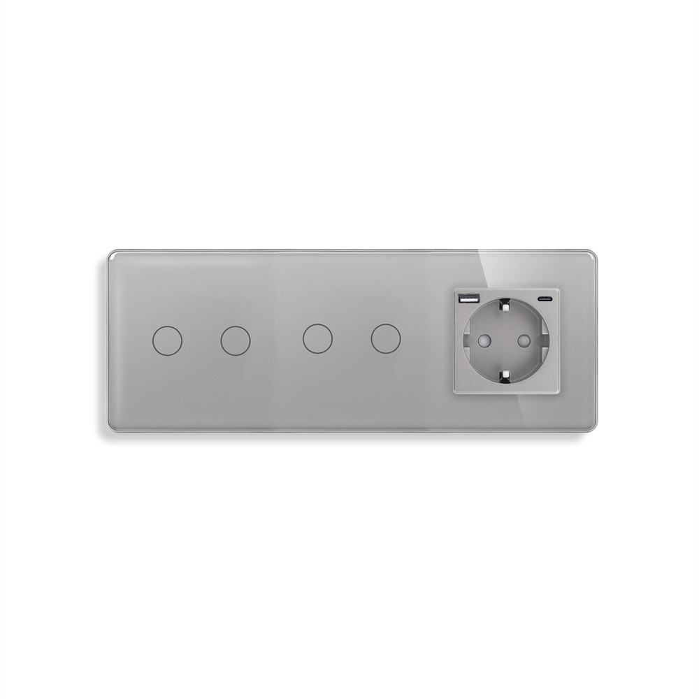 Прохідний сенсорний вимикач 4 сенсори (2-2) з розеткою з USB A+C 20Вт, заземлення, шторки, ELIOS сірий скло