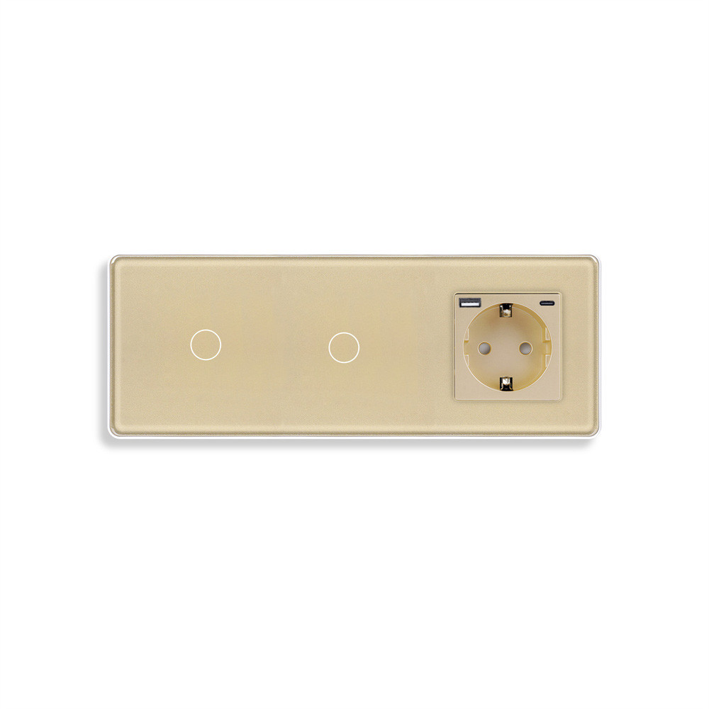 Прохідний сенсорний вимикач 2 сенсори (1-1) з розеткою з USB A+C 20Вт, заземлення, шторки, ELIOS золото скло