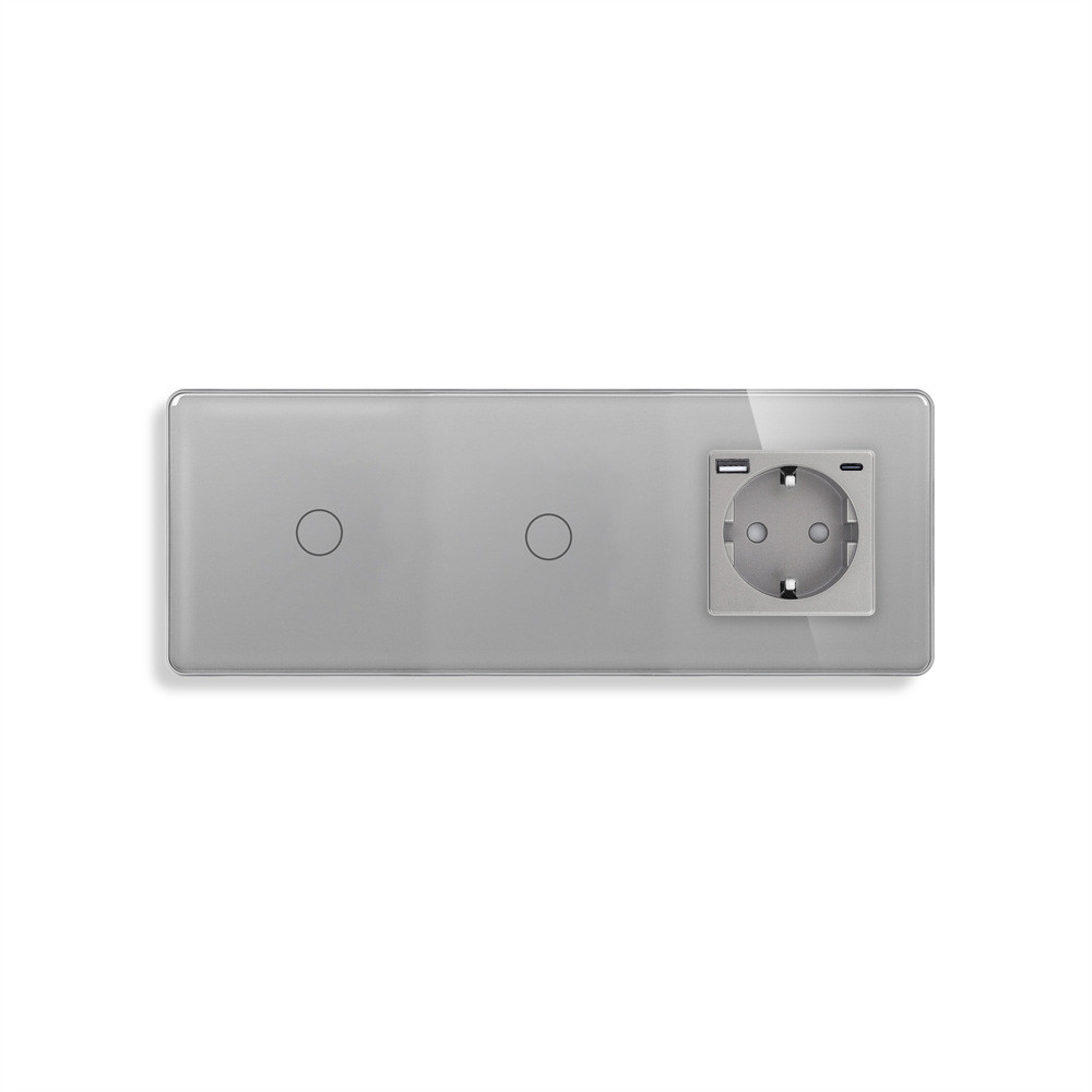 Прохідний сенсорний вимикач 2 сенсори (1-1) з розеткою з USB A+C 20Вт, заземлення, шторки, ELIOS сірий скло