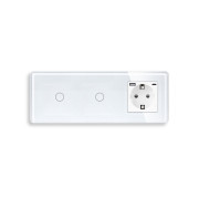 Прохідний сенсорний вимикач 2 сенсори (1-1) з розеткою з USB A+C 20Вт, заземлення, шторки, ELIOS білий скло