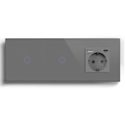 Сенсорний вимикач 2 сенсори (1-1) з розеткою з USB A+C 20Вт, із заземленням, шторки, LUXION сірий скло