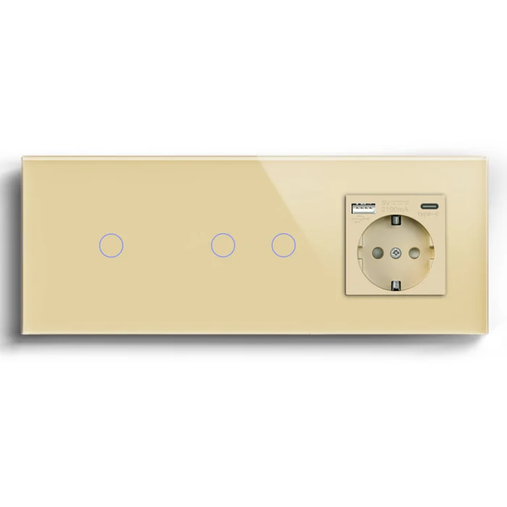 Сенсорний вимикач 3 сенсори (1-2) з розеткою з USB A+C 20Вт, із заземленням, шторки, LUXION золото скло