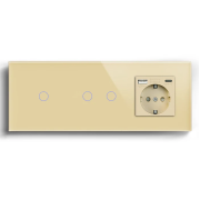 Прохідний сенсорний вимикач 3 сенсори (1-2) з розеткою з USB A+C 20Вт, заземлення, шторки, LUXION золото скло