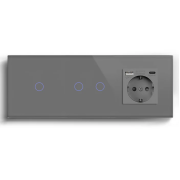 Прохідний сенсорний вимикач 3 сенсори (1-2) з розеткою з USB A+C 20Вт, заземлення, шторки, LUXION сірий скло