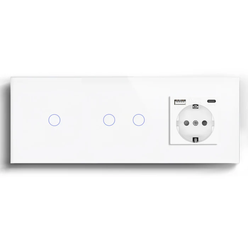 Прохідний сенсорний вимикач 3 сенсори (1-2) з розеткою з USB A+C 20Вт, заземлення, шторки, LUXION білий скло