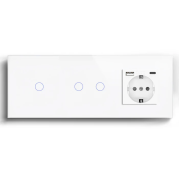 Прохідний сенсорний вимикач 3 сенсори (1-2) з розеткою з USB A+C 20Вт, заземлення, шторки, LUXION білий скло