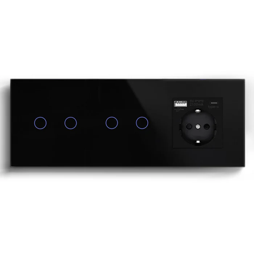 Сенсорний вимикач 4 сенсори (2-2) з розеткою з USB A+C 20Вт, із заземленням, шторки, LUXION чорний скло