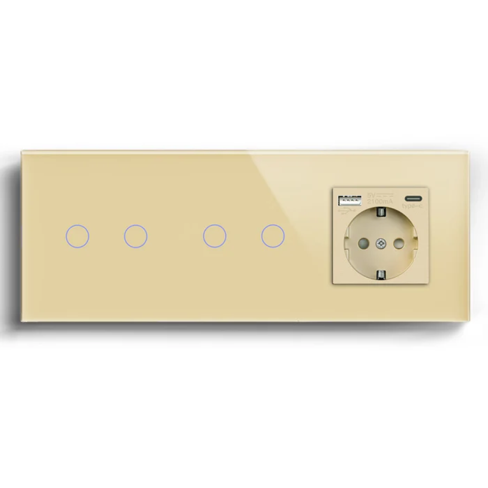 Сенсорний вимикач 4 сенсори (2-2) з розеткою з USB A+C 20Вт, із заземленням, шторки, LUXION золото скло