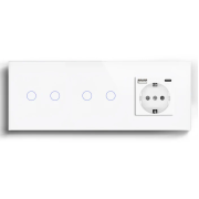 Сенсорний вимикач 4 сенсори (2-2) з розеткою з USB A+C 20Вт, із заземленням, шторки, LUXION білий скло