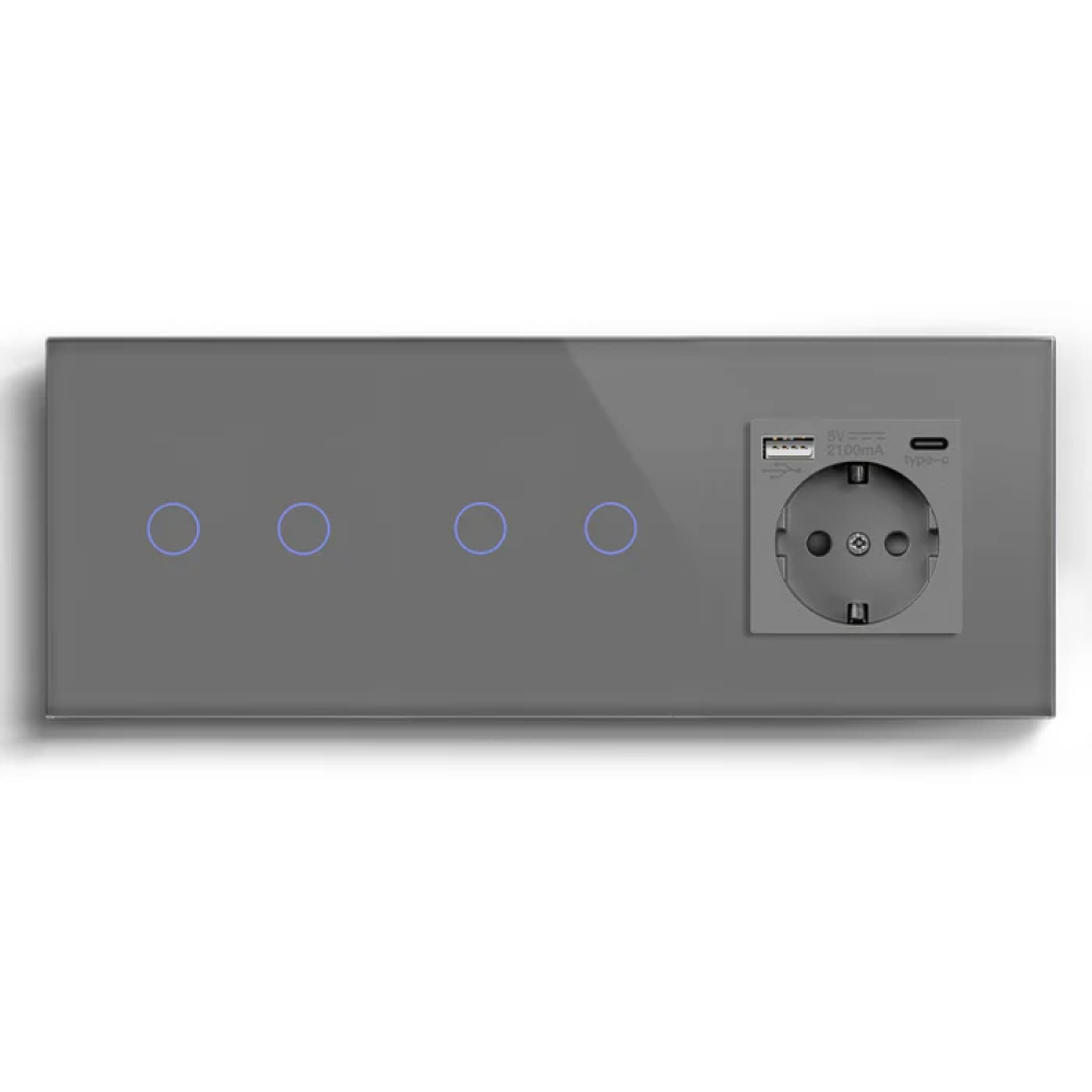 Прохідний сенсорний вимикач 4 сенсори (2-2) з розеткою з USB A+C 20Вт, заземлення, шторки, LUXION сірий скло