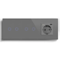 Прохідний сенсорний вимикач 4 сенсори (2-2) з розеткою з USB A+C 20Вт, заземлення, шторки, LUXION сірий скло