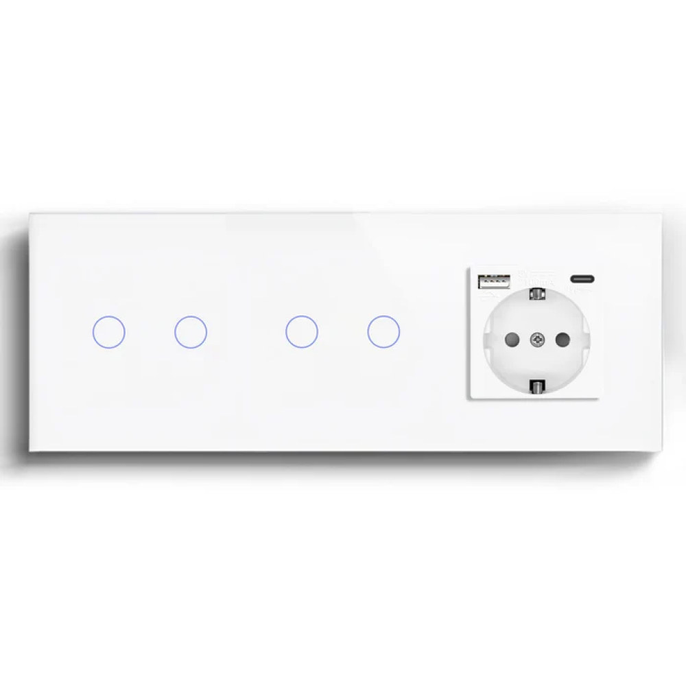Прохідний сенсорний вимикач 4 сенсори (2-2) з розеткою з USB A+C 20Вт, заземлення, шторки, LUXION білий скло