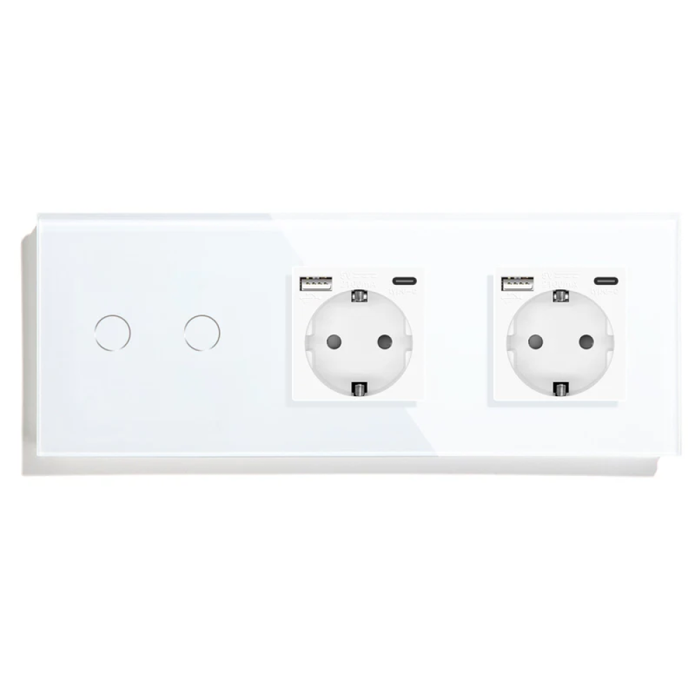 Подвійний сенсорний вимикач з двома розетками та USB A+C 20Вт, із заземленням і шторками LUXION білий скло