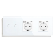 Подвійний сенсорний вимикач з двома розетками та USB A+C 20Вт, із заземленням і шторками LUXION білий скло