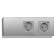 Подвійний сенсорний вимикач з розеткою та розеткою USB A+C 20Вт, із заземленням і шторками LUXION сірий скло