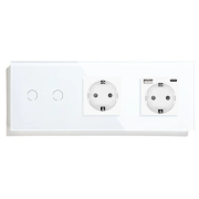 Подвійний сенсорний вимикач з розеткою та розеткою USB A+C 20Вт, із заземленням і шторками LUXION білий скло