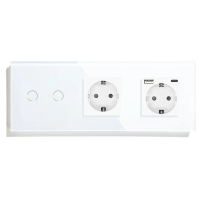 Подвійний сенсорний вимикач з розеткою та розеткою USB A+C 20Вт, із заземленням і шторками LUXION білий скло