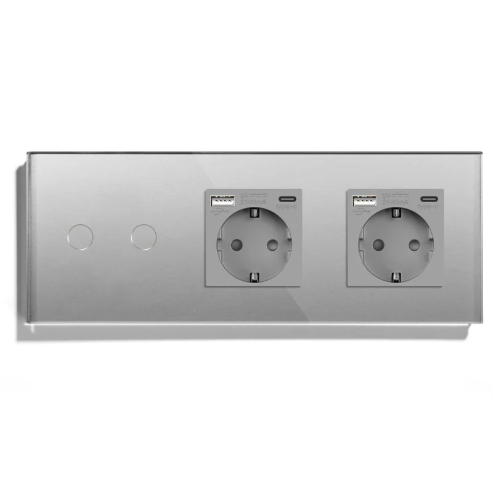Прохідний подвійний сенсорний вимикач із двома розетками та USB A+C 20Вт, із заземленням LUXION сірий скло