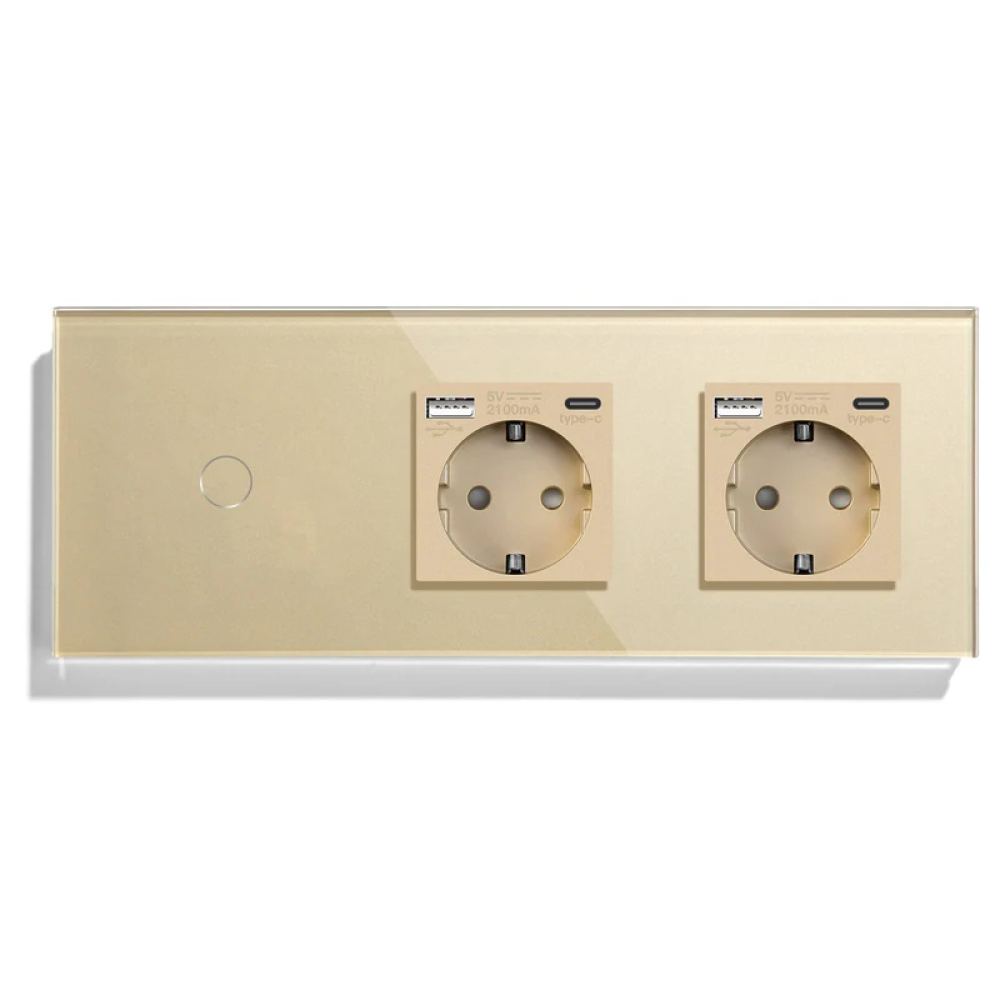 Сенсорний вимикач з двома розетками та USB A+C 20Вт, із заземленням і шторками LUXION 16А 230В золото скло