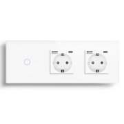Сенсорний вимикач з двома розетками та USB A+C 20Вт, із заземленням і шторками LUXION 16А 230В білий скло