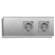 Прохідний сенсорний вимикач із двома розетками та USB A+C 20Вт, із заземленням і шторками LUXION сірий скло