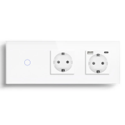 Прохідний сенсорний вимикач із розеткою та розеткою USB A+C 20Вт, із заземленням і шторками LUXION білий скло