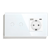 Сенсорний подвійний прохідний вимикач LUXION з розеткою та USB A+C 20Вт, білий, скло, дотиковий, заземлення,
