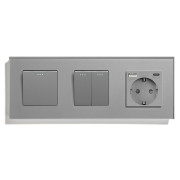Вимикач універсальний 3-клавішний (1-2) з розеткою з USB A+C 20Вт, заземлення, LUXION 16А 230 В, сірий скло