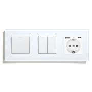 Вимикач універсальний 3-клавішний (1-2) з розеткою з USB A+C 20Вт, заземлення, LUXION 16А 230 В, білий скло