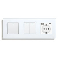 Вимикач універсальний 3-клавішний (1-2) з розеткою з USB A+C 20Вт, заземлення, LUXION 16А 230 В, білий скло