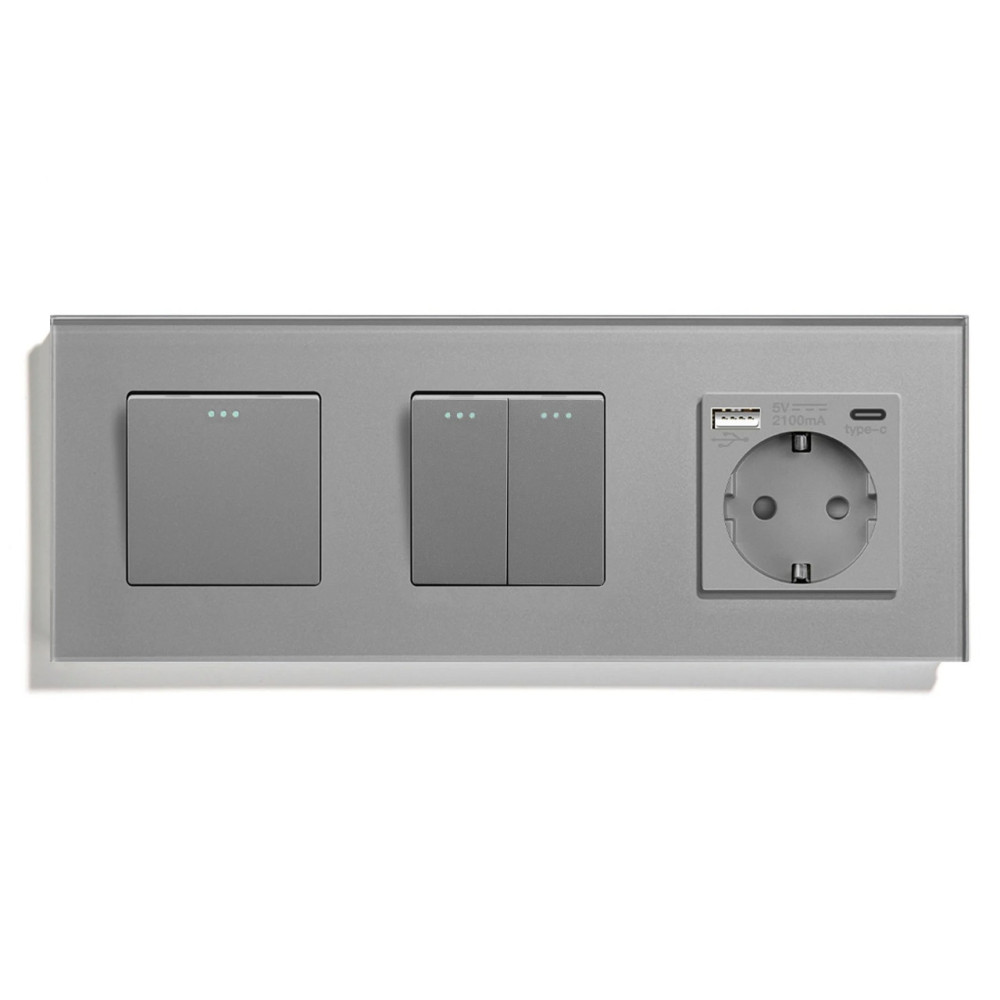 Перехресний вимикач 3-клавішний (1-2) з розеткою з USB A+C 20Вт, заземлення, LUXION 16А 230 В, сірий скло