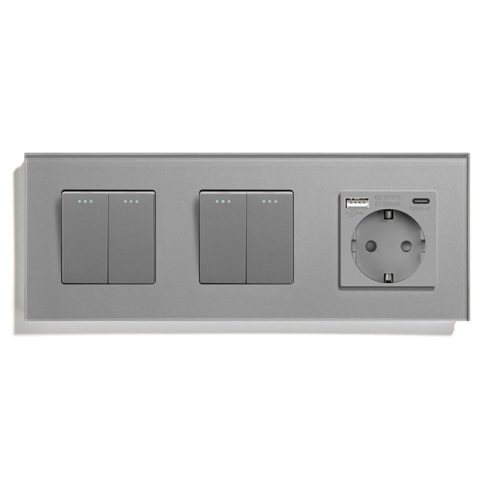 Вимикач універсальний 4-клавішний (2-2) з розеткою з USB A+C 20Вт, заземлення, LUXION 16А 230 В, сірий скло