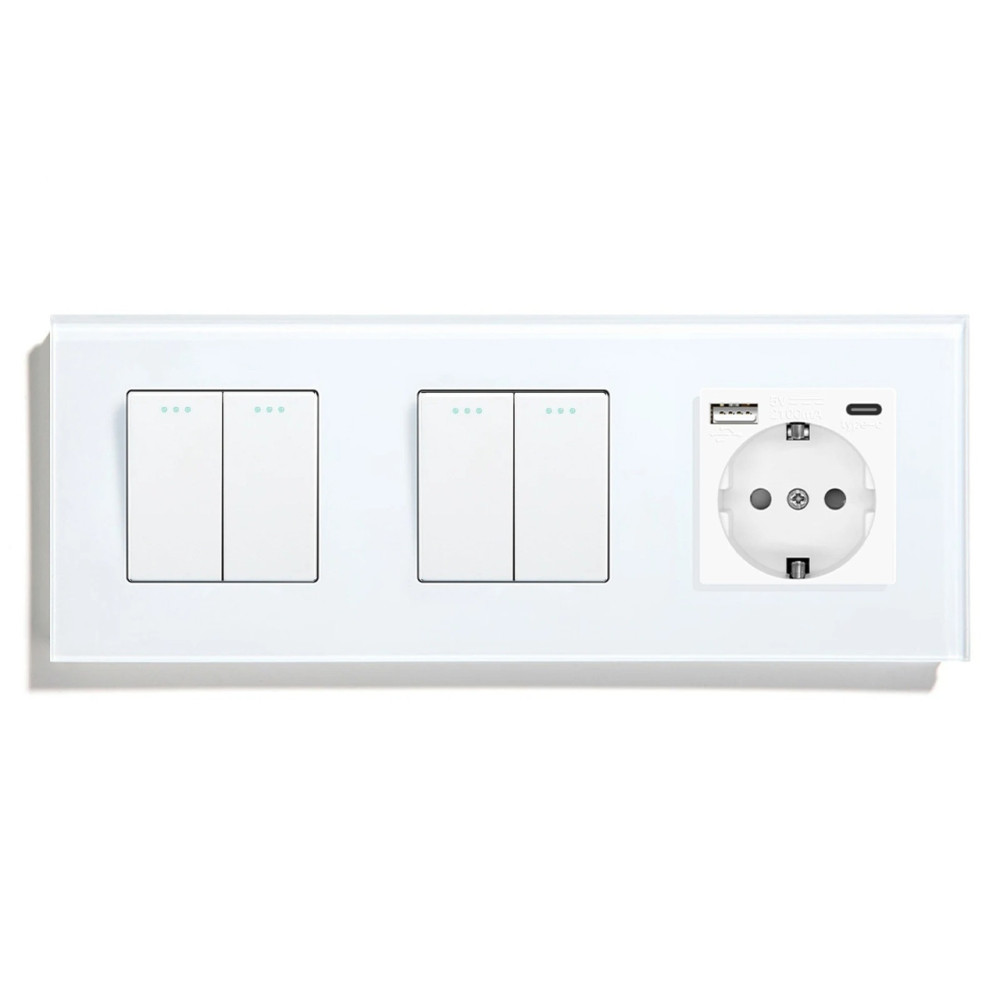 Вимикач універсальний 4-клавішний (2-2) з розеткою з USB A+C 20Вт, заземлення, LUXION 16А 230 В, білий скло
