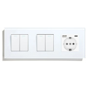 Вимикач універсальний 4-клавішний (2-2) з розеткою з USB A+C 20Вт, заземлення, LUXION 16А 230 В, білий скло