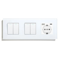 Вимикач універсальний 4-клавішний (2-2) з розеткою з USB A+C 20Вт, заземлення, LUXION 16А 230 В, білий скло