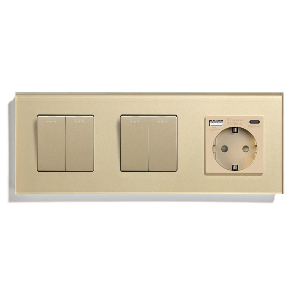 Перехресний вимикач 4-клавішний (2-2) з розеткою з USB A+C 20Вт, заземлення, LUXION 16А 230 В, золото скло