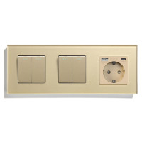 Перехресний вимикач 4-клавішний (2-2) з розеткою з USB A+C 20Вт, заземлення, LUXION 16А 230 В, золото скло