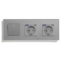 Вимикач універсальний з двома розетками з USB A+C 20Вт, із заземленням, захисні шторки, LUXION сірий скло