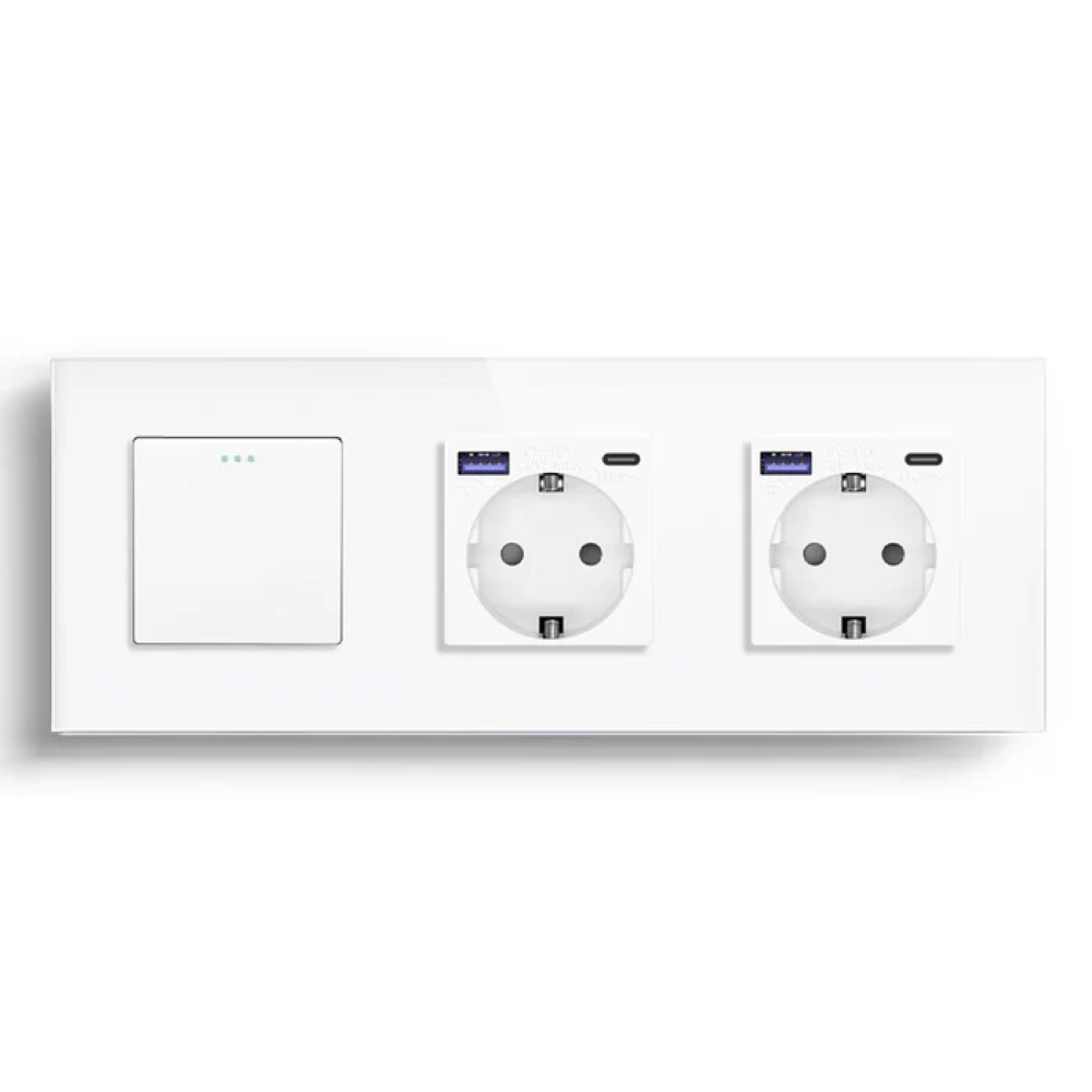 Вимикач універсальний з двома розетками з USB A+C 20Вт, із заземленням, захисні шторки, LUXION білий скло