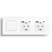Вимикач універсальний з двома розетками з USB A+C 20Вт, із заземленням, захисні шторки, LUXION білий скло