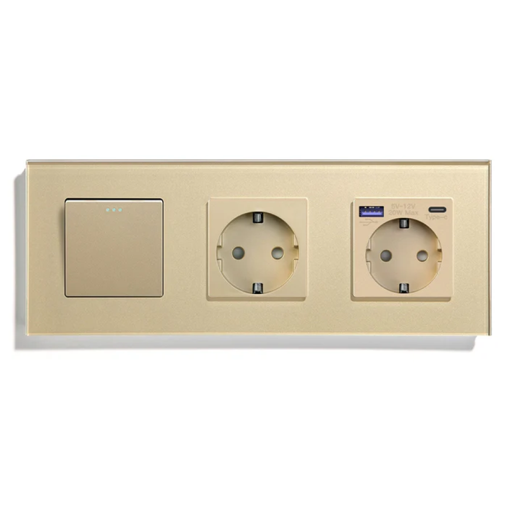 Вимикач універсальний з розеткою та розеткою з USB A+C 20Вт, заземлення, захисні шторки, LUXION золото скло