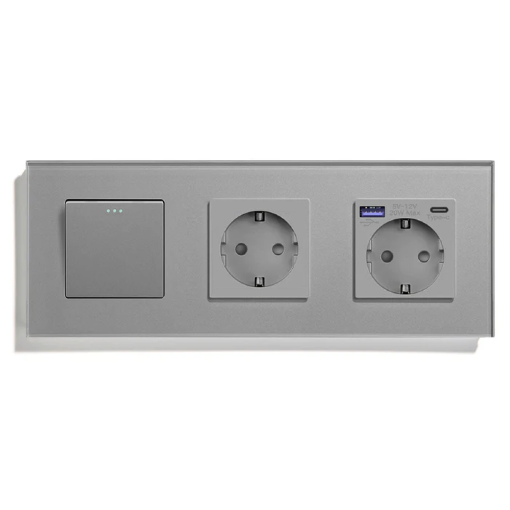 Вимикач універсальний з розеткою та розеткою з USB A+C 20Вт, заземлення, захисні шторки, LUXION сірий скло