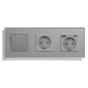 Вимикач універсальний з розеткою та розеткою з USB A+C 20Вт, заземлення, захисні шторки, LUXION сірий скло