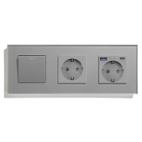 Вимикач універсальний з розеткою та розеткою з USB A+C 20Вт, заземлення, захисні шторки, LUXION сірий скло