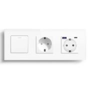 Вимикач універсальний з розеткою та розеткою з USB A+C 20Вт, заземлення, захисні шторки, LUXION білий скло